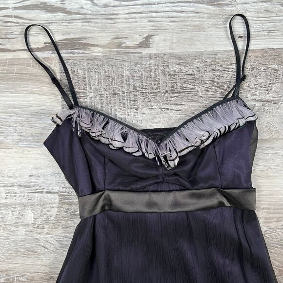 Ana Alcazar Black Silk Midi Dress with Sheer Overlay & Feather Trim Coquette - Picture 2 of 9